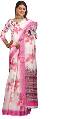 PRTRENDZ Printed Kanjivaram Pure Cotton, Cotton Linen Saree(Pink, White)