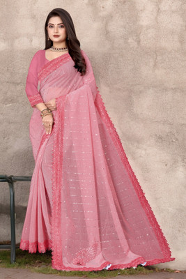 MGCollectionONE Embroidered Bollywood Lycra Blend Saree(Red)
