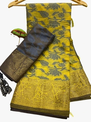 Gajal Self Design Kanjivaram Pure Cotton, Cotton Silk Saree(Yellow)