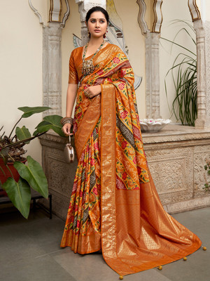 Tasrika Printed Banarasi Tussar Silk Saree(Mustard)