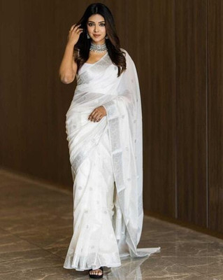 Shoponbit Self Design Banarasi Pure Silk Saree(White)
