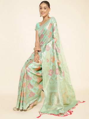 Janasya Woven, Self Design Chanderi Silk Blend Saree(Green)