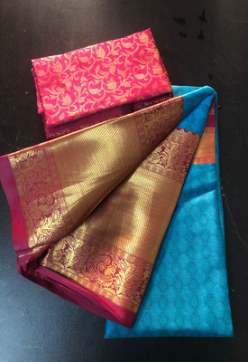 RUHKRUSH Woven, Embellished, Self Design Narayanpet Cotton Silk Saree(Light Blue)