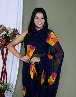 Asha Hi Fashion Printed, Tie-Dye Daily Wear Chiffon Saree(Blue, Multicolor)