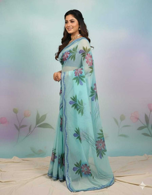 Mukesh hand print Self Design, Printed, Hand Painted Bollywood Georgette Saree(Blue, Light Blue)
