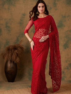 Divastri Embroidered Bollywood Net Saree(Red)