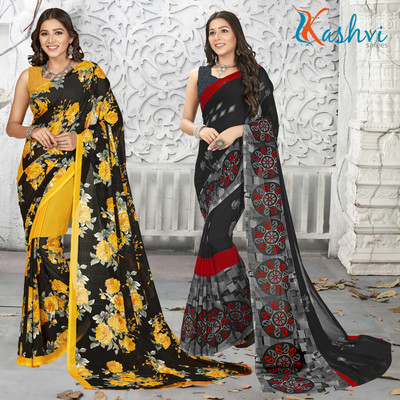 kashvi sarees Floral Print Daily Wear Georgette Saree(Pack of 2, Yellow, Multicolor)