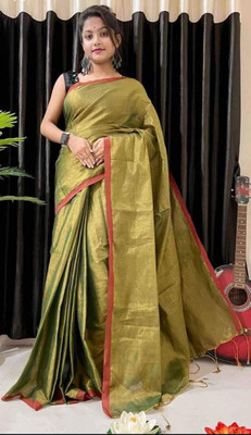 AjoyDas Woven Handloom Tissue Saree(Light Green)