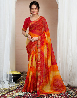 Divastri Printed, Embellished Bandhani Chiffon, Georgette Saree(Red, Yellow, Orange)