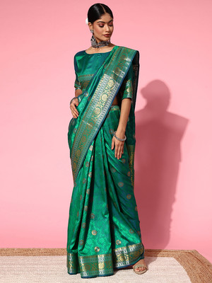 Divastri Floral Print Banarasi Silk Blend Saree(Light Green)