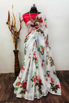ASHTA Floral Print Kanjivaram Linen Saree(White)
