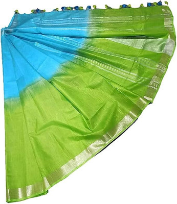 GR Handloom Self Design Bhagalpuri Handloom Cotton Blend Saree(Green, Blue)