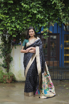 sarjan creation Woven Paithani Pure Cotton Saree(Black)