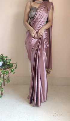 PD CLOTH VILLA Solid/Plain Bollywood Satin, Silk Blend Saree(Beige)