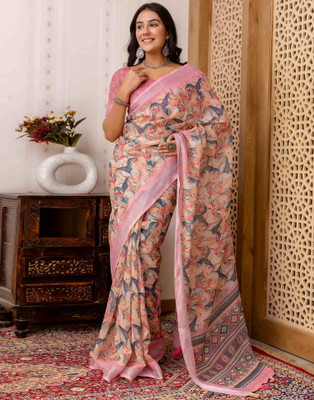 KAKADIYA Printed Bollywood Cotton Silk, Linen Saree(Pink)