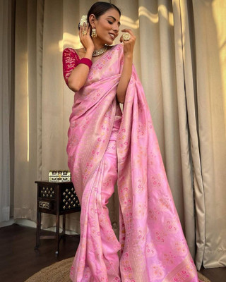 Kanjivaram Woven, Embroidered, Self Design Kanjivaram Pure Silk, Jacquard Saree(Pink)