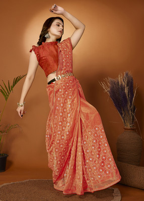 FABMORA Embroidered Bollywood Net Saree(Orange)