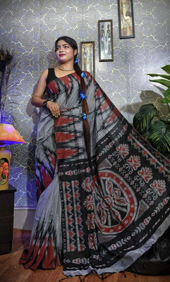 QUETZAL HANDLOOM SAREE Printed Sambalpuri Pure Cotton Saree(Grey)