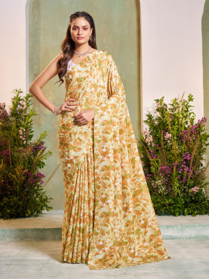 GARDEN VARELI Floral Print Daily Wear Silk Blend Saree(Orange)