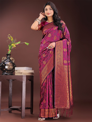 Tasrika Woven Banarasi Silk Blend Saree(Purple)