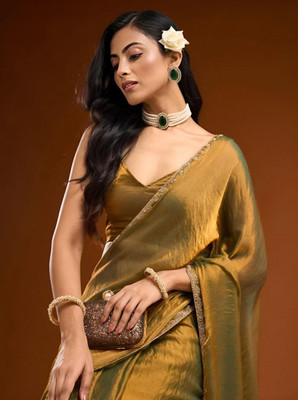 ANJAVI FASHION Solid/Plain Bollywood Chiffon Saree(Gold)