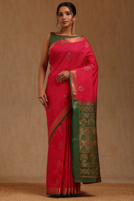 soch Woven Saree with Attached Blouse Silk Blend Saree(Pink)
