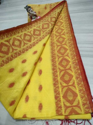 LDma Woven Tant Handloom Cotton Silk Saree(Yellow, Red)