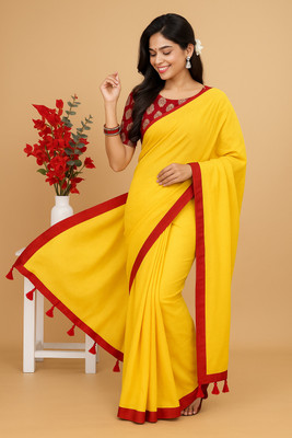 SMRITI BOUTIQUE Solid/Plain Handloom Handloom Cotton Blend Saree(Yellow, Black)