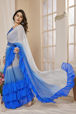 BLEESBURY Solid/Plain Bollywood Chiffon, Georgette Saree(Blue, Grey)