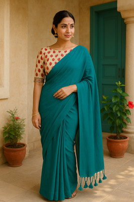 TARAMAACREATION Solid/Plain Kalamkari Handloom Pure Cotton Saree(Blue)