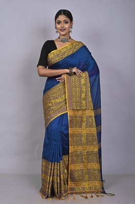 Tant Boutique Woven Handloom Cotton Blend Saree(Blue, Gold)