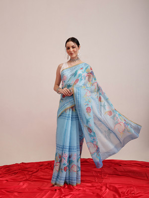 SILK ZONE Digital Print Chanderi Cotton Blend Saree(Light Blue)