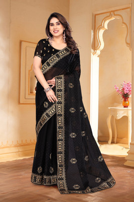 MIYANIFAB Embroidered Bollywood Brasso Saree(Black)
