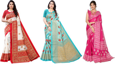 YASHIKA Printed Kasavu Art Silk Saree(Pack of 3, Red, Blue, Pink)