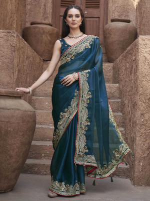 Tikhi Imli Embroidered Bollywood Chiffon Saree(Blue)