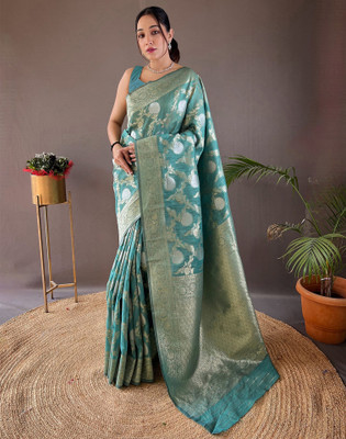 Samah Woven, Embellished Banarasi Silk Blend Saree(Blue, Gold, Silver)
