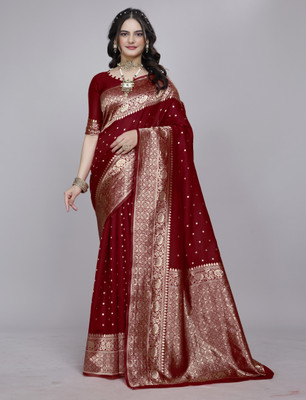 SOMVATI Self Design, Embellished, Solid/Plain Banarasi Art Silk Saree(Maroon)
