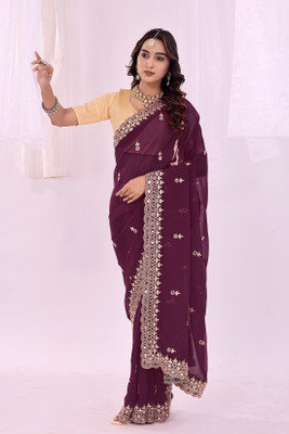 VKARAN Embroidered Saree with Attached Blouse Georgette Saree(Purple)