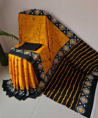 SUNDREESAREE Blocked Printed, Color Block, Floral Print, Printed Ikkat Pure Cotton Saree(Yellow, Black)