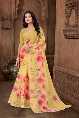 HIYAMI Floral Print Bollywood Georgette Saree(Yellow)
