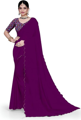 MGCollectionONE Solid/Plain Daily Wear Georgette Saree(Purple)