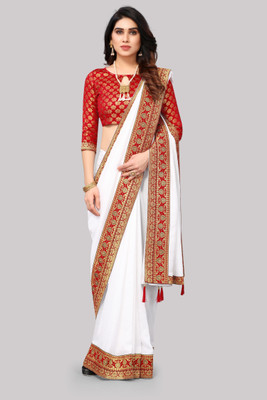 AANZIA Solid/Plain Bollywood Polyester Saree(White)