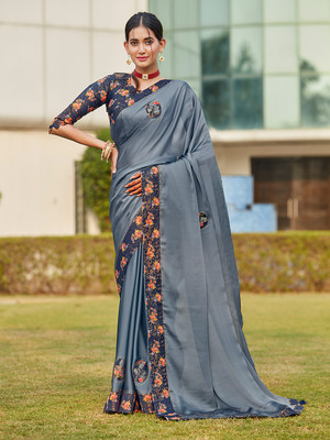 KARAGIRI Floral Print Banarasi Georgette Saree(Grey)