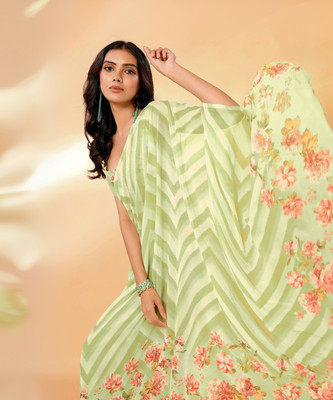 Janasya Floral Print, Printed Daily Wear Georgette Saree(Light Green)
