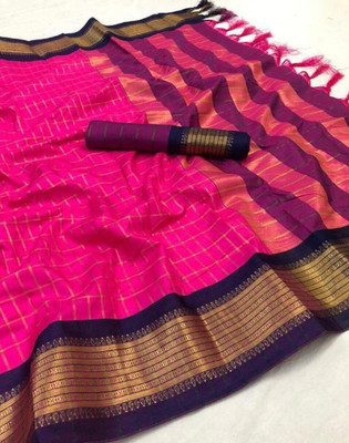 yourwish Woven, Checkered, Embellished, Self Design Daily Wear Jacquard, Cotton Silk Saree(Pink)