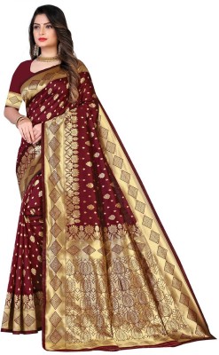 AAGIRI Embellished, Floral Print, Self Design, Woven, Applique Banarasi Jacquard, Art Silk Saree(Maroon)