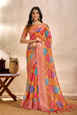 Mirthika Text Floral Print Assam Silk Silk Blend Saree(Multicolor)