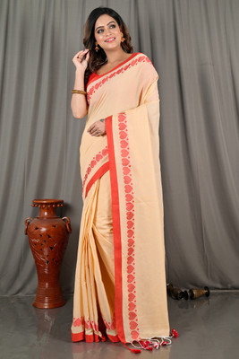eC ESHA'S COLLECTION Solid/Plain Handloom Cotton Blend Saree(Beige, Red)