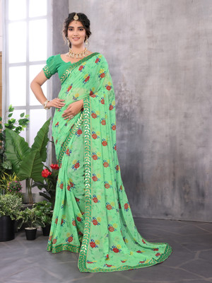 Divastri Printed Bandhani Georgette, Lace Saree(Green)