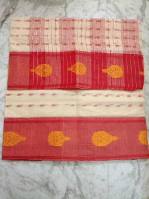 Bikash Dutta Fashion Self Design Tant Pure Cotton Saree(White, Red)